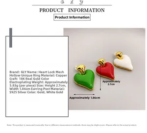 Detail of colorful enamel heart earrings with 18K gold plating and S925 silver needles