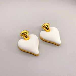 Chic heart-shaped enamel drop earrings with gold plating and white split design