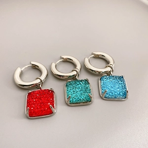 Boucles D'oreilles Créoles À Pendentif Carré En Cuivre Avec Strass Pavés Colorés Bijoux Géométriques Femmes