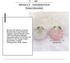 Detailed spec sheet showing 3.15cm U-shaped crystal beaded copper earrings in 18K gold plating