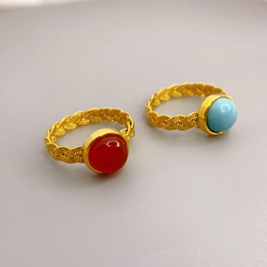 Anillo de Latón Chapado en Oro de 18K Vintage Con Ágata Roja Redonda Turquesa Incrustada Banda de Textura Trenzada Para Joyería de Moda de Mujer