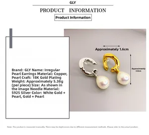 Detail view of 18K gold-plated C-shaped earrings with pearls showing size and weight