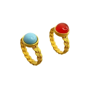 Anillos de latón chapados en oro de 18K con turquesa y ágata roja, diseño trenzado vintage