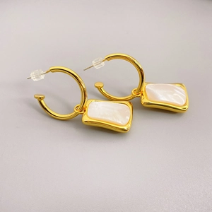 Elegant gold plated hoop earrings with rectangular mother of pearl shell inlays
