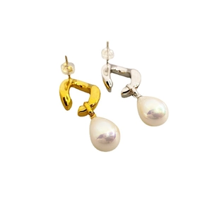 Modern 18K gold plated pearl drop earrings with irregular U-shaped S925 silver studs