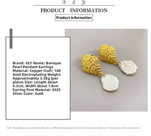 Detailed view of 18K gold plated baroque pearl earrings with S925 silver needles
