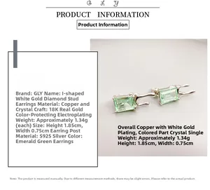 Detailed view of green emerald crystal earrings with S925 silver needles and gold plating