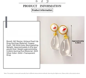 Detail specifications for pearl red lip drop earrings with S925 silver needle features