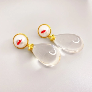 Red Lip Print Imitation Artificial Pearl Earrings With 925 Sterling Silver Earring Post Transparent Waterdrop Dangle Copper Jewelry