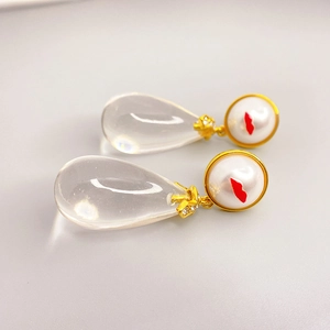 Waterdrop pendant earrings with pearl studs featuring red lips and rhinestones