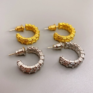 C-Shaped Hoop Earrings For Women With 925 Sterling Silver Earring Post 18K Gold Plated Copper Woven Texture Small Studs