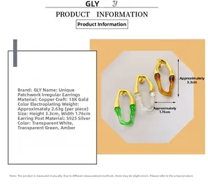 Detail view of irregular spliced earrings with technical specs and size dimensions
