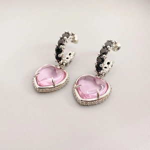 Boucles D'oreilles Pendentif Cœur Rose Avec Tige En Argent Sterling 925 Cuivre Strass C-Hoop Élégant Pour Femmes