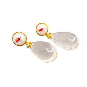 Water drop earrings with pearl enamel red lip charms and clear crystal pendants