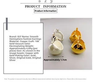Detail view of 18K gold plated hemispherical earrings with size and weight parameters