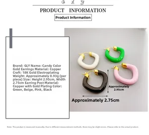 Detail specifications of 18K gold-plated enamel U-shaped earrings in four candy colors