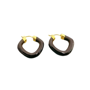 Fashionable dark brown enamel geometric hoop earrings with 18K gold plated clasp