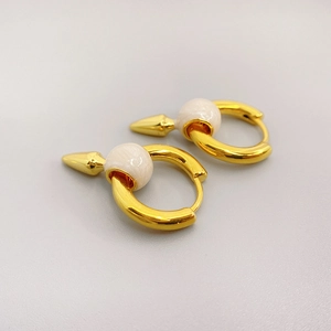 French style 18K gold-plated hoop earrings with white enamel marble beads and cone pendants