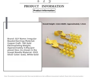 Macro view of 18K gold plated brass earrings with yellow beads and S925 silver needles