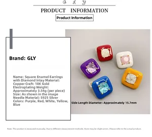 Detailed specs of square enamel earrings with 18K gold plating and S925 silver needles