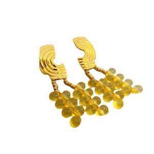 Vintage gold plated brass fan drop earrings with translucent yellow beaded clusters