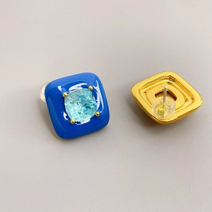 Square 18K gold plated brass stud earrings with blue enamel and cracked texture stone
