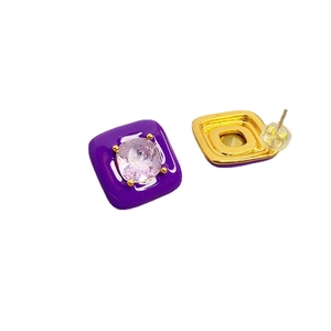 Square 18K gold plated brass studs with purple enamel and clear faceted gemstone