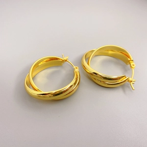 Polished 18K gold plated double spiral hoop earrings for women in brass minimalist style