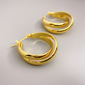 Minimalist double spiral loop earrings with polished 18K gold plating for women