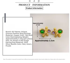 Detailed view of 18K gold-plated irregular earrings with purple and green gemstone inlays