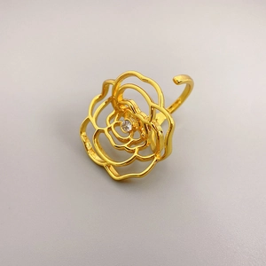 Hollow Flower Adjustable Ring 18K Gold Plated Brass Cubic Zirconia Open Finger Jewelry Women Elegant Floral Shape