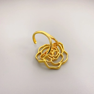 18K gold plated brass open ring featuring a 3D hollow rose flower design for women