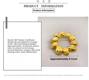 Detail showing dimensions and 18K gold plated brass sunflower brooch measurements