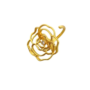 18K gold plated brass open ring with a hollow rose floral design and zircon center
