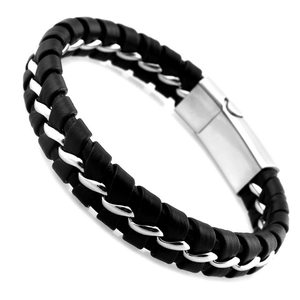 Geflochtenes Herrenarmband aus Leder und Edelstahl mit silbernem Magnetverschluss