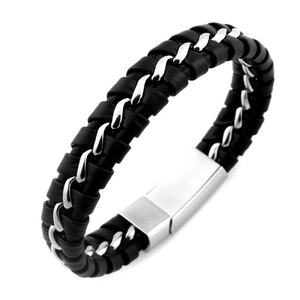Detailansicht Herren Lederarmband geflochten mit Edelstahlkette und Magnetverschluss