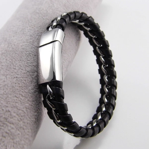 Herren-Armband aus schwarzem Ledergeflecht mit Edelstahlkette und Magnetverschluss