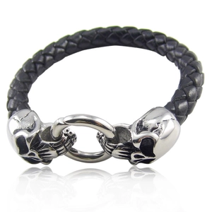 Men Woven Bracelet Genuine Cowhide Leather With Stainless Steel Skull Head Clasp Punk Gothic Style Hand Jewelry