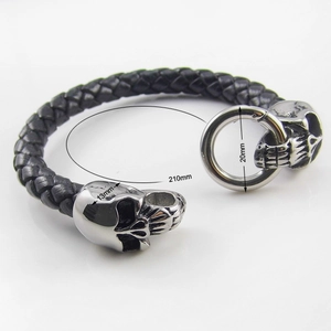 Punk black braided leather bracelet with silver skull charms and ring clasp 210mm