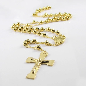 Collier Chapelet Acier Inoxydable Plaqué Or 18K Religieux Pendentif Croix Crucifix Médaille Miraculeuse Femmes Hommes