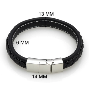 Braided black leather bracelet with 6mm band and polished stainless steel clasp