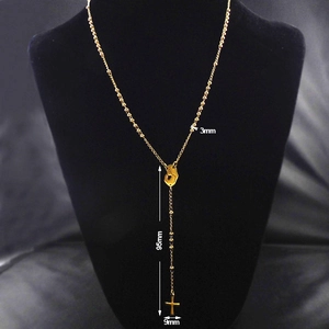 Detail view of gold Y-shape rosary necklace with 3mm beads and cross pendant dimensions