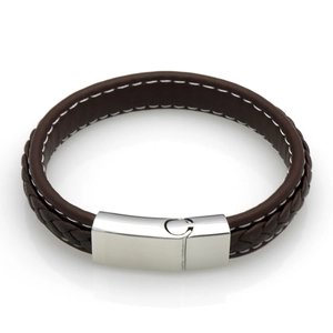 Detail of brown braided leather bracelet with white stitching and silver metal clasp