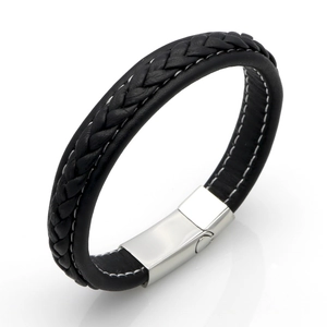 Close-up of black braided leather bracelet with white stitching and stainless steel clasp