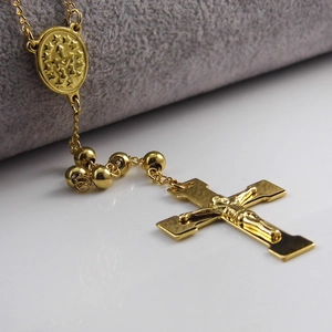 Chapelet en acier inoxydable doré avec crucifix et pendentif Médaille Miraculeuse