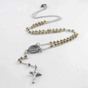 Three-tone rosary necklace with stainless steel beads and a silver cross pendant