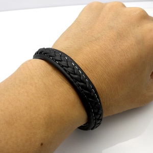 Braided black leather bracelet with white stitching and titanium steel clasp for men