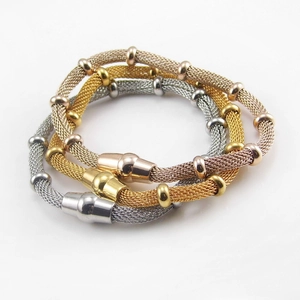Three mesh chain bracelets in silver gold and rose gold with magnetic clasps