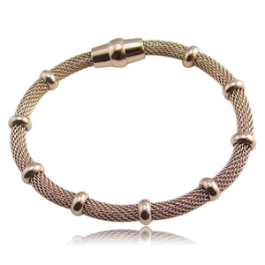 Stainless Steel Woven Mesh Bracelet For Women With Round Metal Beads And Magnetic Clasp Modern Minimalist Jewelry