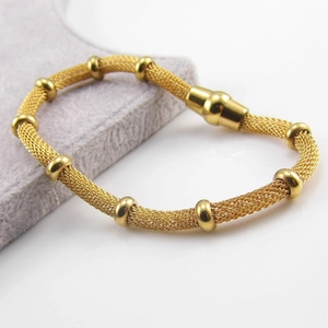 Modern gold mesh chain bracelet with magnetic clasp and polished round beads for women